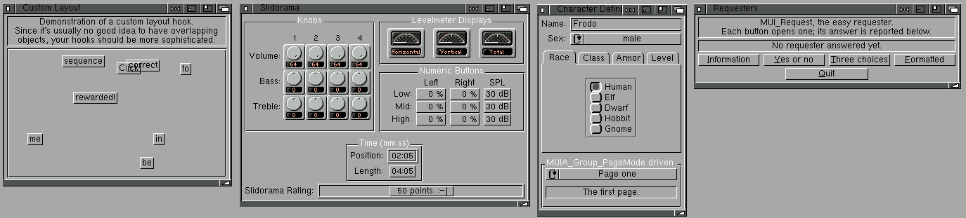 MUI examples written in Lisp, running on AmigaOS 3.9